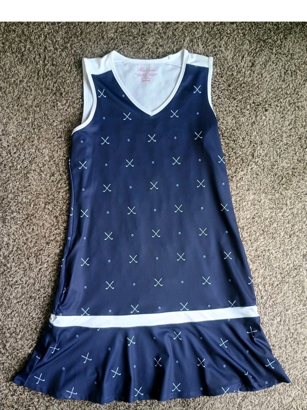 Womens Dress-LILLIE GREEN-Navy/White 'Ditsy Golf' Ruffle Performance-M